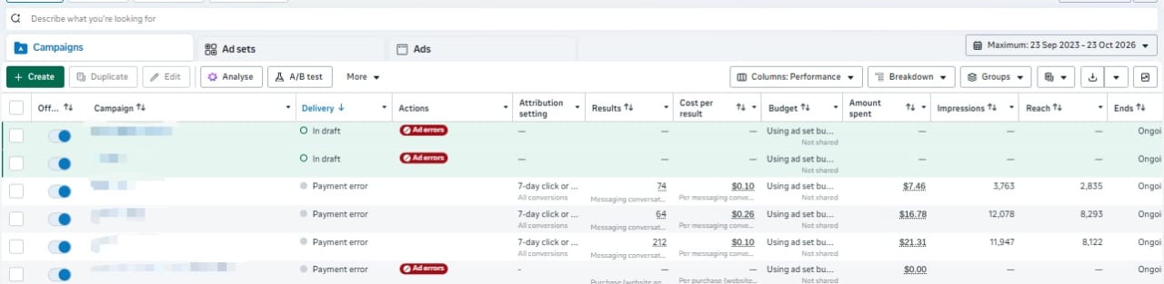 Meta messaging campaigns with 212 conversations at $0.10 each