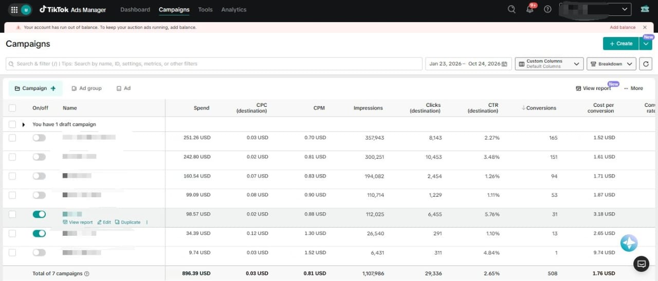 TikTok Ads Manager with 508 conversions across 7 campaigns